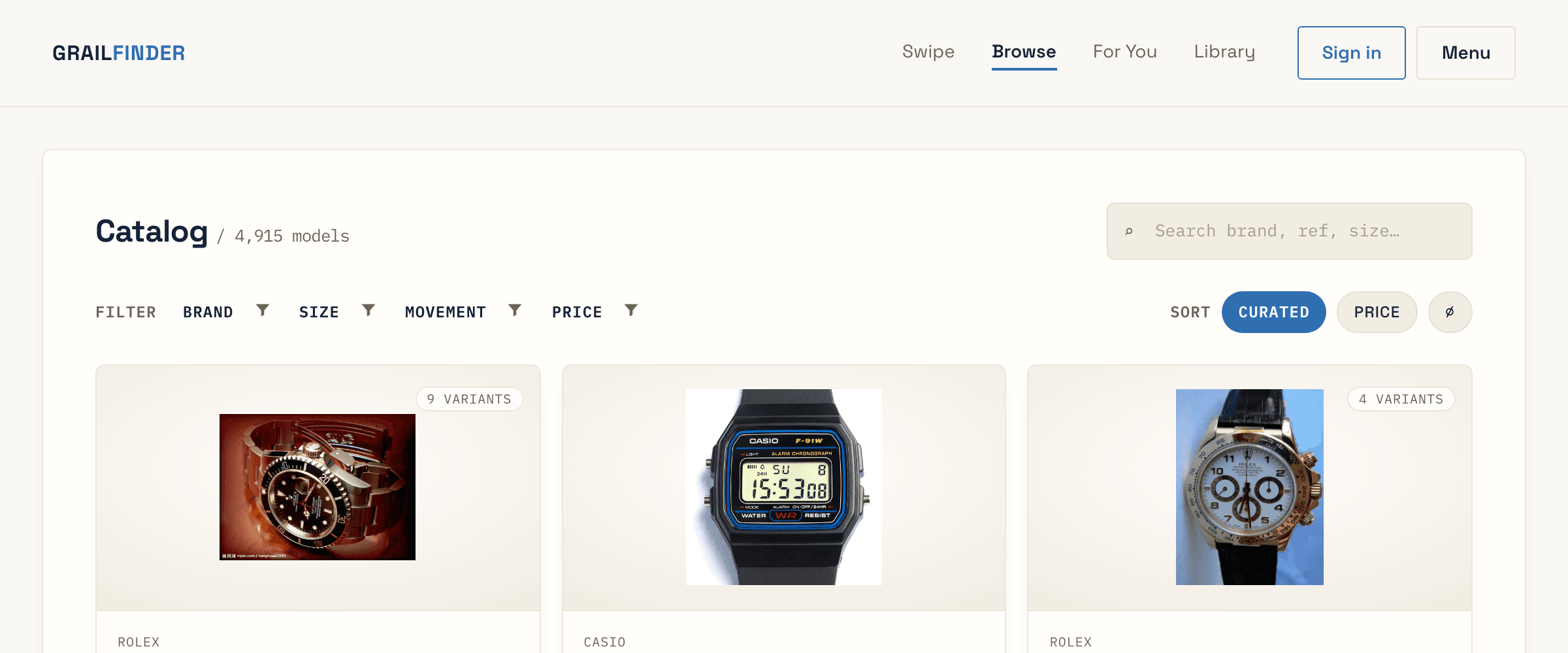 Grailfinder — watch catalog